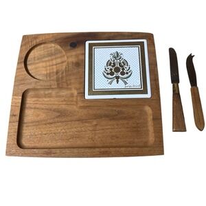MCM Georges Briard Tile Wood Cheese Board W/ Knives 10x8.5 Peace Doves 1960s VTG